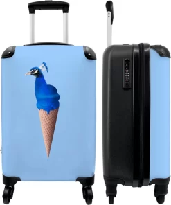NoBoringSuitcases.com® Koffer - Reiskoffer Met Wielen - Pauw - IJshoorntjes - Blauw - IJs - Vogel - Handbagage Trolley - Past Binnen 55x40x20 Cm En 55x35x25 Cm - Fotokoffer