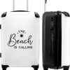 NoBoringSuitcases.com® Koffer Groot - Tekst - Strand - The Beach Is Calling - Zwart Wit - Vakantie - Trolley Koffer Met TSA-slot - Met Wielen - 90 Liter - Reiskoffer - 66 Cm