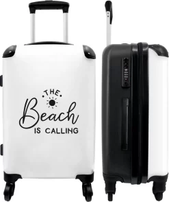 NoBoringSuitcases.com® Koffer Groot - Tekst - Strand - The Beach Is Calling - Zwart Wit - Vakantie - Trolley Koffer Met TSA-slot - Met Wielen - 90 Liter - Reiskoffer - 66 Cm