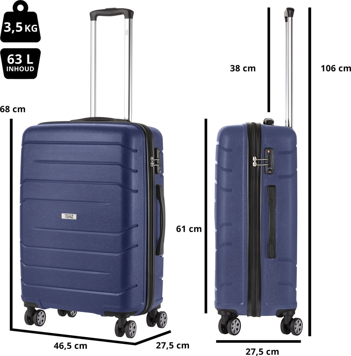 TravelZ Big Bars Reiskoffer 68 Cm Met Dubbele Wielen - Trolley Koffer Met TSA-slot - Blauw 5 TravelZ Big Bars Reiskoffer 68 Cm Met Dubbele Wielen - Trolley Koffer Met TSA-slot - Blauw - Afbeelding 5