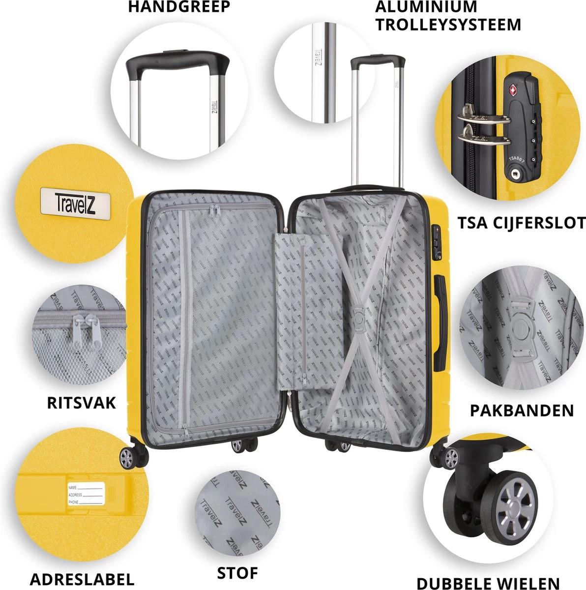 TravelZ Big Bars Kofferset - Trolleyset TSA 2-delig - Handbagage En Groot - Geel 4 TravelZ Big Bars Kofferset - Trolleyset TSA 2-delig - Handbagage En Groot - Geel - Afbeelding 4
