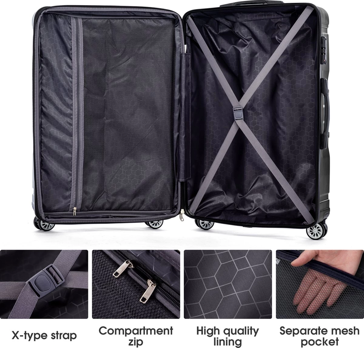 Merax 3-delig Kofferset Met TSA Slot - Trolleyset ABS 40L, 70L & 110 Liter - Zwart 6 Merax 3-delig Kofferset Met TSA Slot - Trolleyset ABS 40L, 70L & 110 Liter - Zwart - Afbeelding 6