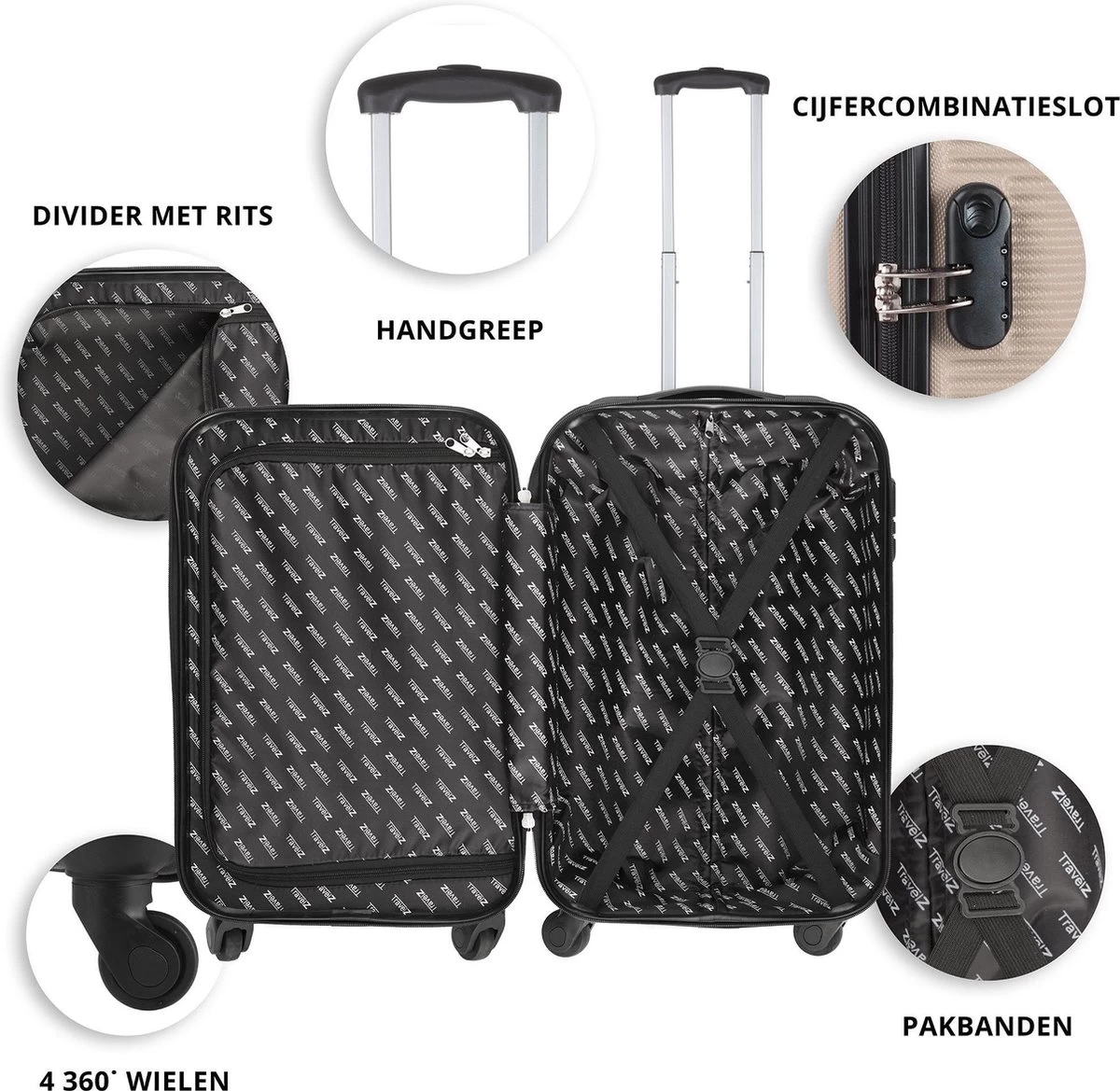 TravelZ Horizon Handbagagekoffer - 54cm Handbagage Trolley Met Gevoerde Binnenkant - Champagne 3 TravelZ Horizon Handbagagekoffer - 54cm Handbagage Trolley Met Gevoerde Binnenkant - Champagne - Afbeelding 3