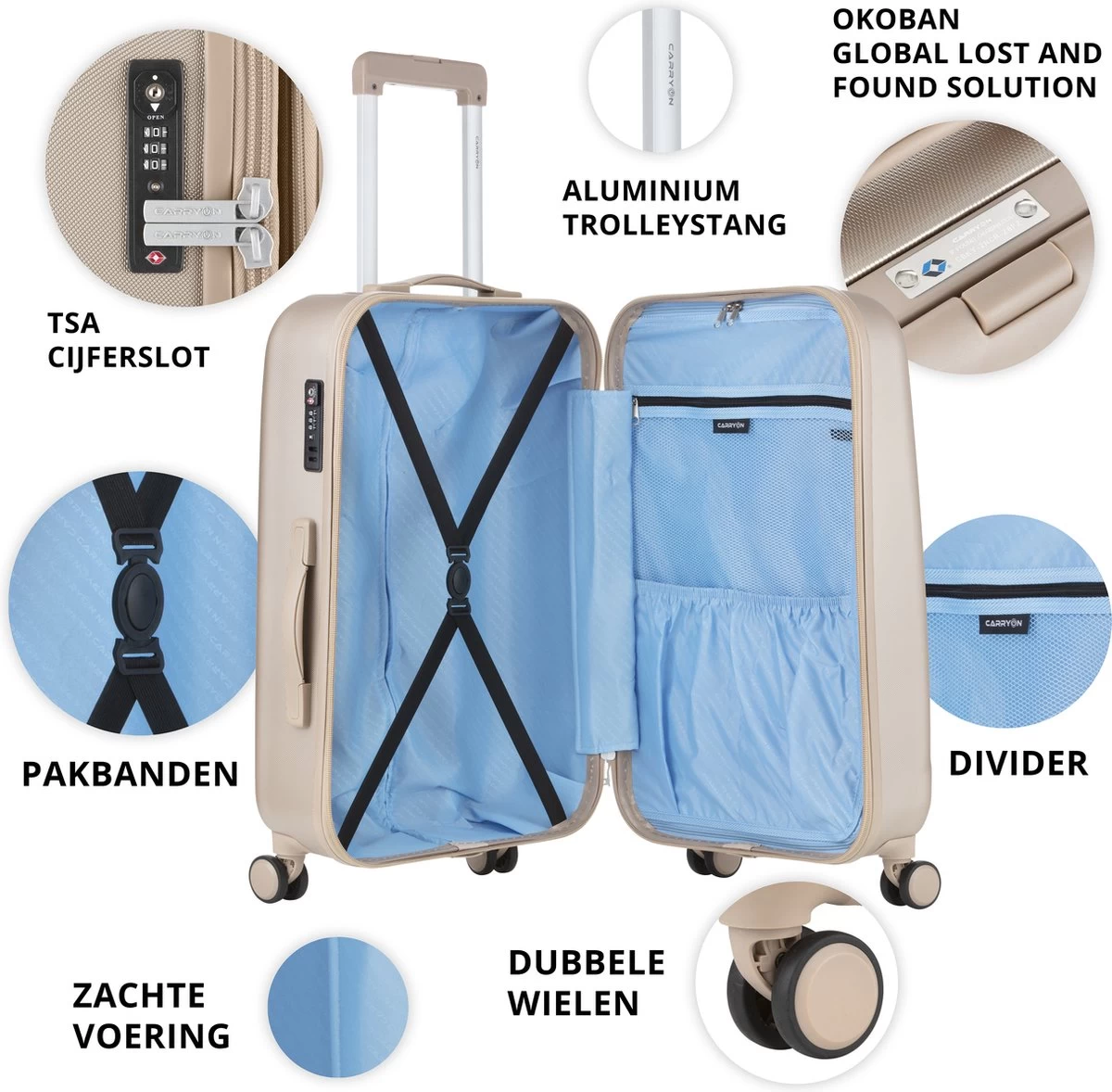 CarryOn Skyhopper Kofferset – TSA Handbagage + Reiskoffer 78cm – Dubbele Wielen - Champagne 4 CarryOn Skyhopper Kofferset – TSA Handbagage + Reiskoffer 78cm – Dubbele Wielen - Champagne - Afbeelding 4