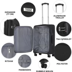 TravelZ Softspinner TSA Kofferset - 2-delig Handbagage + Grote Koffer 77cm - Dubbele Wielen - Zwart -Reisopslagwinkel 1200x1193 6