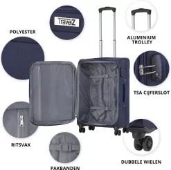 TravelZ Softspinner TSA Handbagagekoffer 55cm - Zachte Reiskoffer Dubbele Wielen – Blauw -Reisopslagwinkel 1200x1194 1