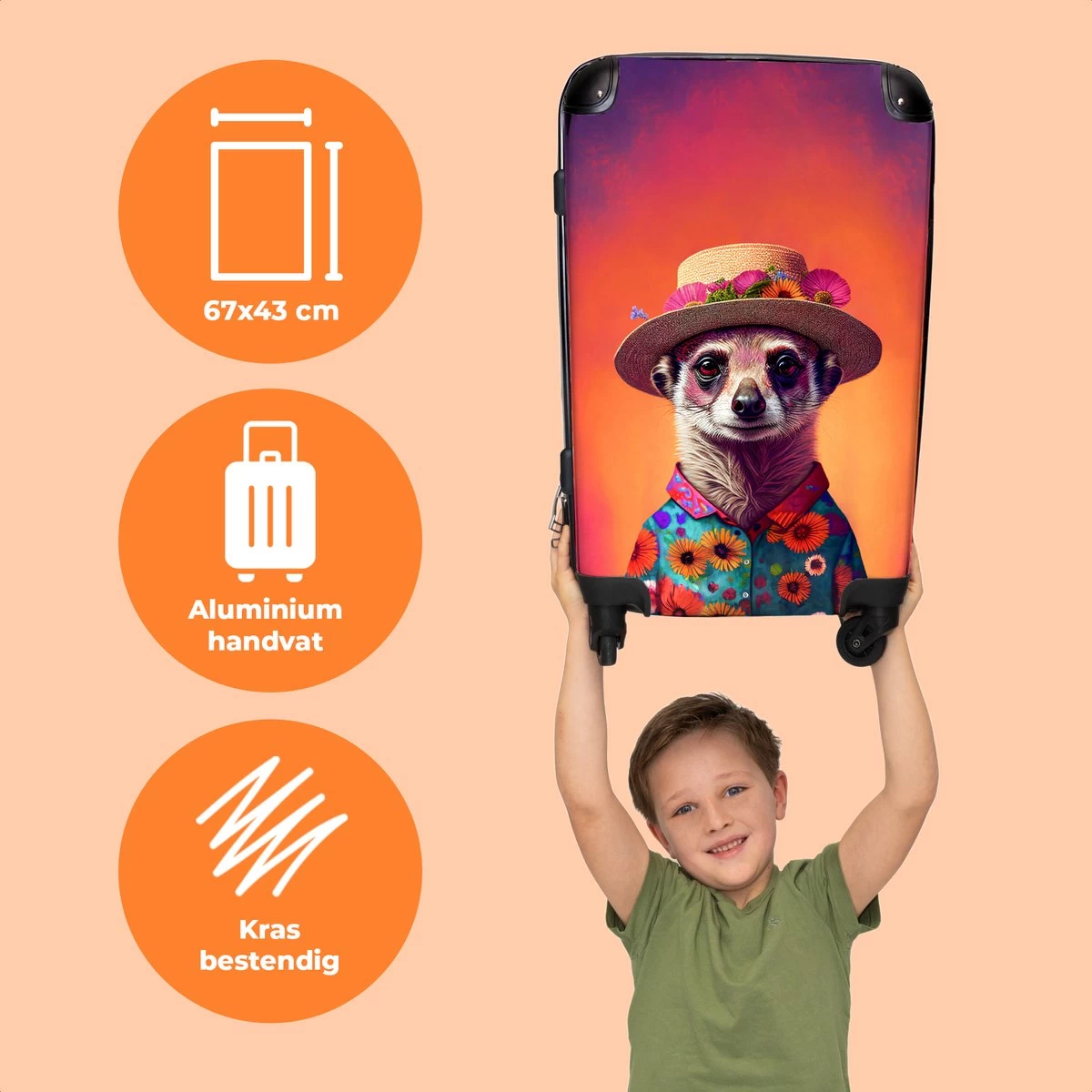 NoBoringSuitcases.com® Koffer Groot - Meerkat - Bloemen - Hoed - Dieren - Portret - Trolley Koffer Met TSA-slot - Met Wielen - 90 Liter - Reiskoffer - 66 Cm 3 NoBoringSuitcases.com® Koffer Groot - Meerkat - Bloemen - Hoed - Dieren - Portret - Trolley Koffer Met TSA-slot - Met Wielen - 90 Liter - Reiskoffer - 66 Cm - Afbeelding 3