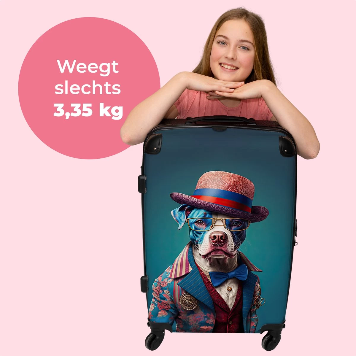 NoBoringSuitcases.com® Koffer Groot - Hond - Hoed - Colbert - Bloemen - Blauw - Trolley Koffer Met TSA-slot - Met Wielen - 90 Liter - Reiskoffer - 66 Cm 2 NoBoringSuitcases.com® Koffer Groot - Hond - Hoed - Colbert - Bloemen - Blauw - Trolley Koffer Met TSA-slot - Met Wielen - 90 Liter - Reiskoffer - 66 Cm - Afbeelding 2