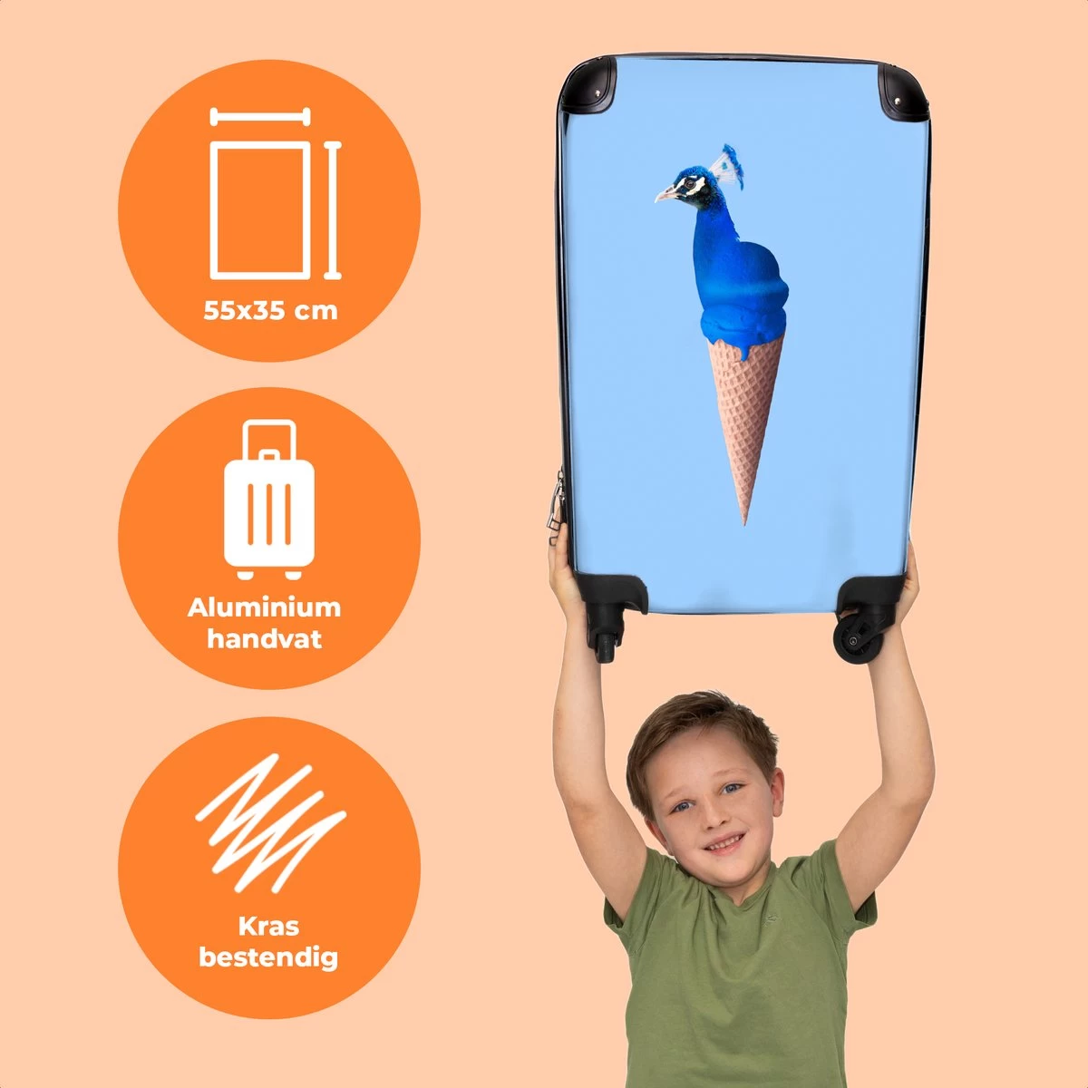 NoBoringSuitcases.com® Koffer - Reiskoffer Met Wielen - Pauw - IJshoorntjes - Blauw - IJs - Vogel - Handbagage Trolley - Past Binnen 55x40x20 Cm En 55x35x25 Cm - Fotokoffer 3 NoBoringSuitcases.com® Koffer - Reiskoffer Met Wielen - Pauw - IJshoorntjes - Blauw - IJs - Vogel - Handbagage Trolley - Past Binnen 55x40x20 Cm En 55x35x25 Cm - Fotokoffer - Afbeelding 3