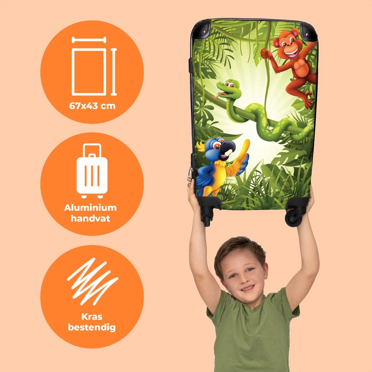 NoBoringSuitcases.com® Koffer Groot - Jungle - Dieren - Groen - Kinderen - Trolley Koffer Met TSA-slot - Met Wielen - 90 Liter - Reiskoffer - 66 Cm 3 NoBoringSuitcases.com® Koffer Groot - Jungle - Dieren - Groen - Kinderen - Trolley Koffer Met TSA-slot - Met Wielen - 90 Liter - Reiskoffer - 66 Cm - Afbeelding 3