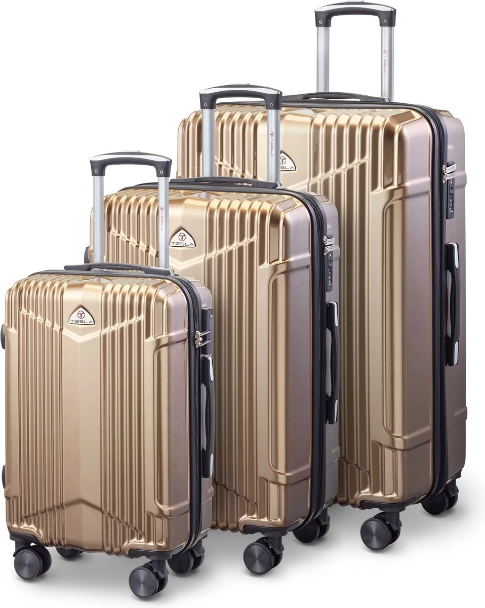 Tesla - Kofferset - 3-delig - 4 Wielen - Cijferslot - Goud 1 Tesla - Kofferset - 3-delig - 4 Wielen - Cijferslot - Goud