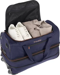 Travelite Basics Wheeled Duffle 55cm Expandable Navy/Orange -Reisopslagwinkel 967x1200 2