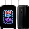 NoBoringSuitcases.com® Koffer - Trolley Op Wieltjes - Neon - Game Room - Tekst - Controller - Zwart - Reiskoffer - Past Binnen 55x40x20 Cm En 55x35x25 Cm - Koffertje - Trolley Handbagage