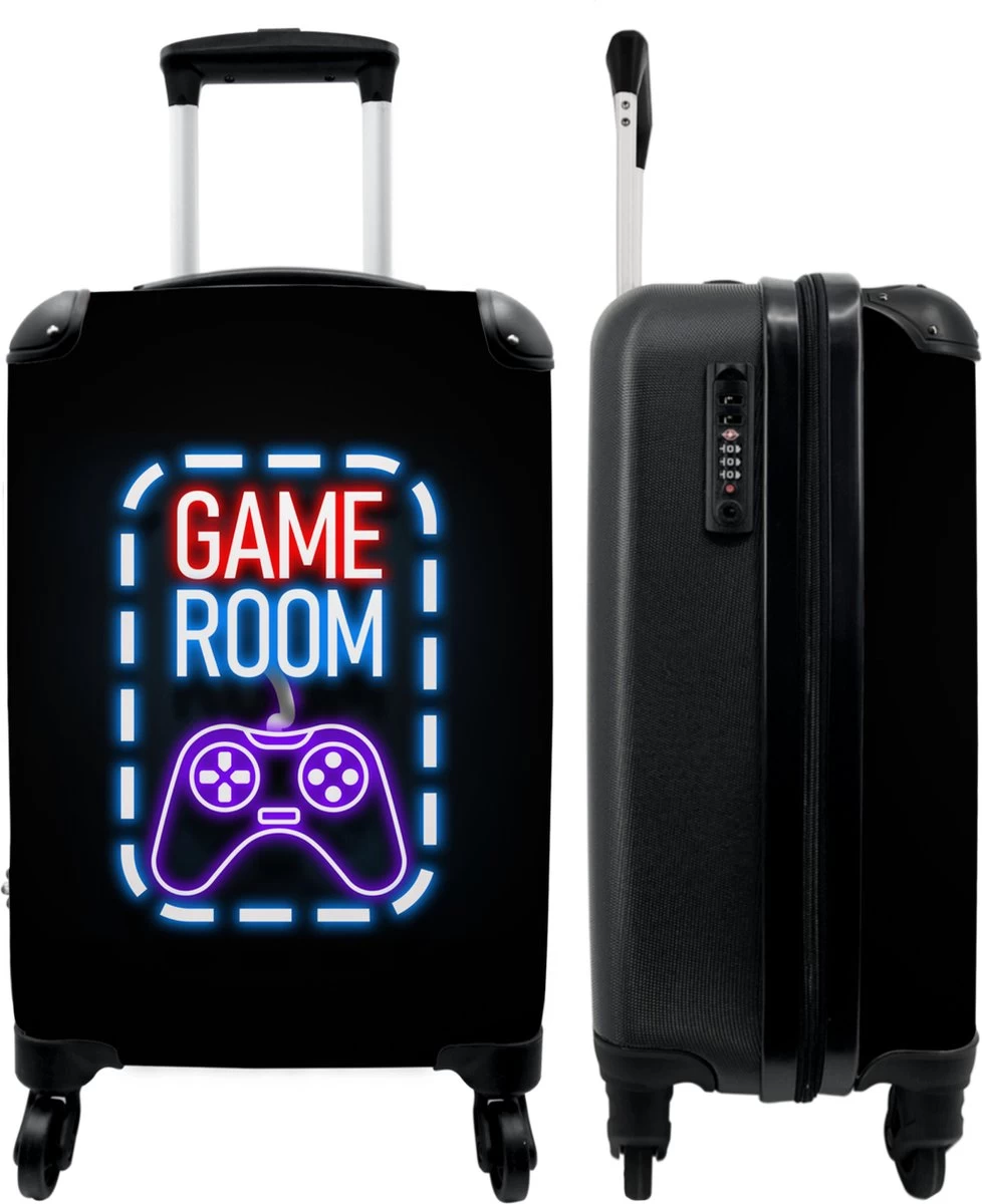 NoBoringSuitcases.com® Koffer - Trolley Op Wieltjes - Neon - Game Room - Tekst - Controller - Zwart - Reiskoffer - Past Binnen 55x40x20 Cm En 55x35x25 Cm - Koffertje - Trolley Handbagage 1 NoBoringSuitcases.com® Koffer - Trolley Op Wieltjes - Neon - Game Room - Tekst - Controller - Zwart - Reiskoffer - Past Binnen 55x40x20 Cm En 55x35x25 Cm - Koffertje - Trolley Handbagage