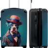 NoBoringSuitcases.com® Koffer Groot - Hond - Hoed - Colbert - Bloemen - Blauw - Trolley Koffer Met TSA-slot - Met Wielen - 90 Liter - Reiskoffer - 66 Cm