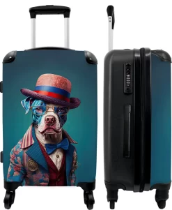 NoBoringSuitcases.com® Koffer Groot - Hond - Hoed - Colbert - Bloemen - Blauw - Trolley Koffer Met TSA-slot - Met Wielen - 90 Liter - Reiskoffer - 66 Cm