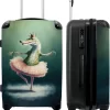 NoBoringSuitcases.com® Koffer Groot - Krokodil - Kroon - Goud - Ballet - Portret - Trolley Koffer Met TSA-slot - Met Wielen - 90 Liter - Reiskoffer - 66 Cm
