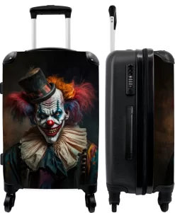 NoBoringSuitcases.com® Koffer Groot - Clown - Hoed - Kraag - Portret - Killer Clown - Trolley Koffer Met TSA-slot - Met Wielen - 90 Liter - Reiskoffer - 66 Cm