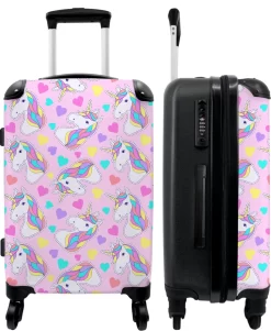 NoBoringSuitcases.com® Koffer Groot - Eenhoorn - Meisje - Patroon - Hartje - Trolley Koffer Met TSA-slot - Met Wielen - 90 Liter - Reiskoffer - 66 Cm